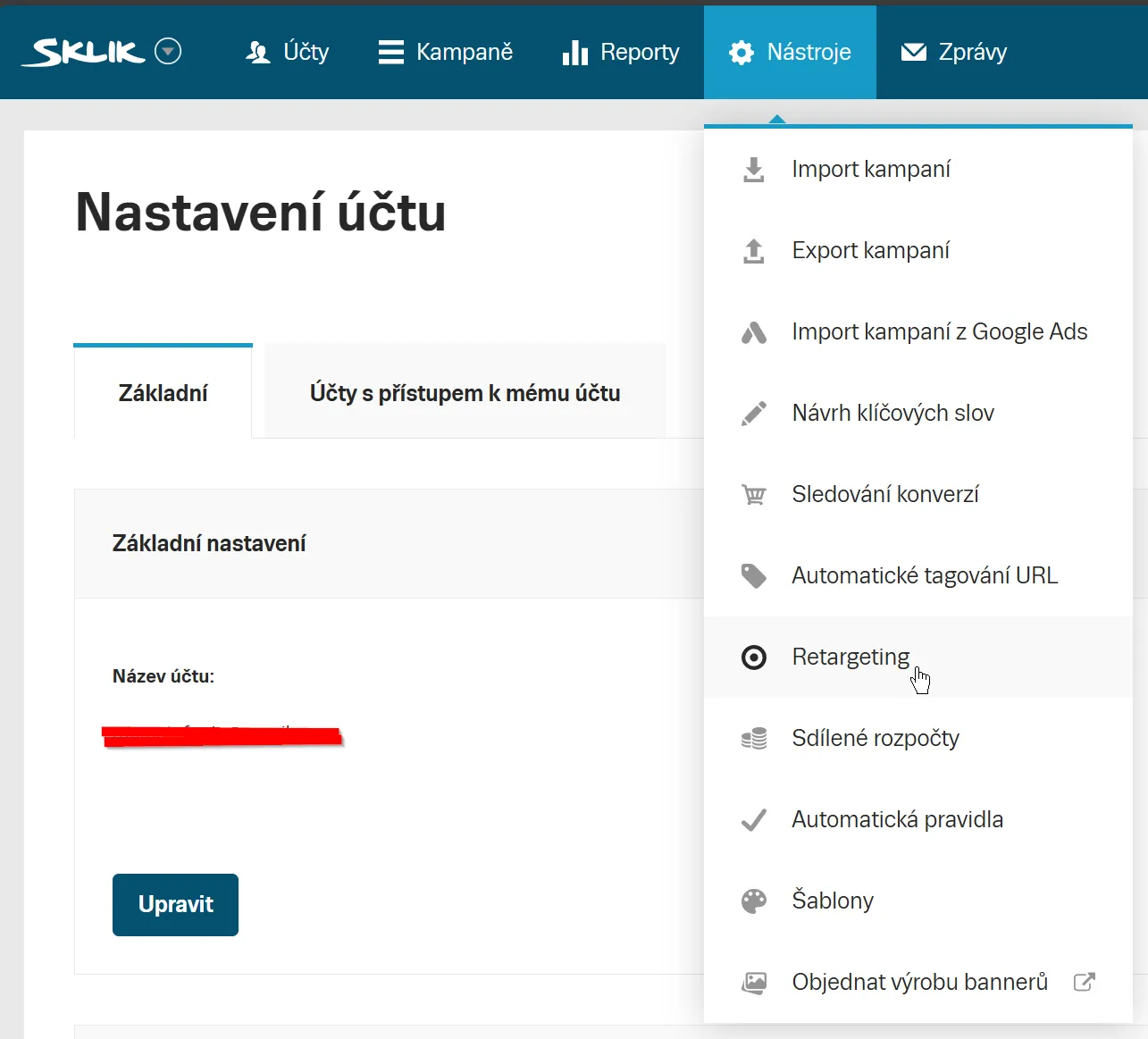 Položka Retargeting v menu Nástroje ve Skliku