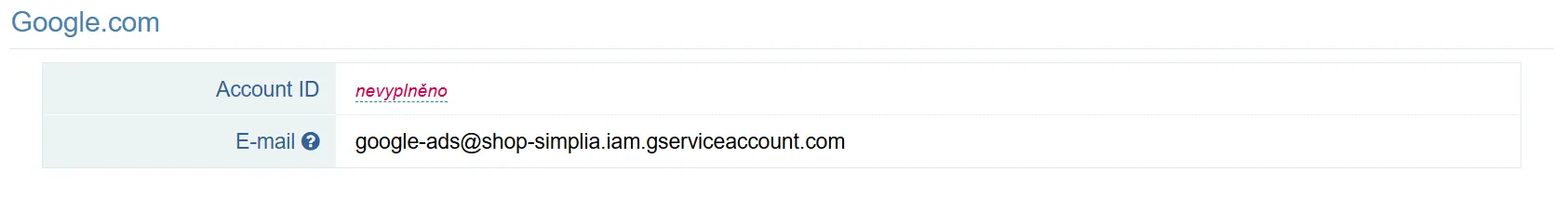 Pole Account ID a e-mail servisního účtu pro Google Ads v administraci