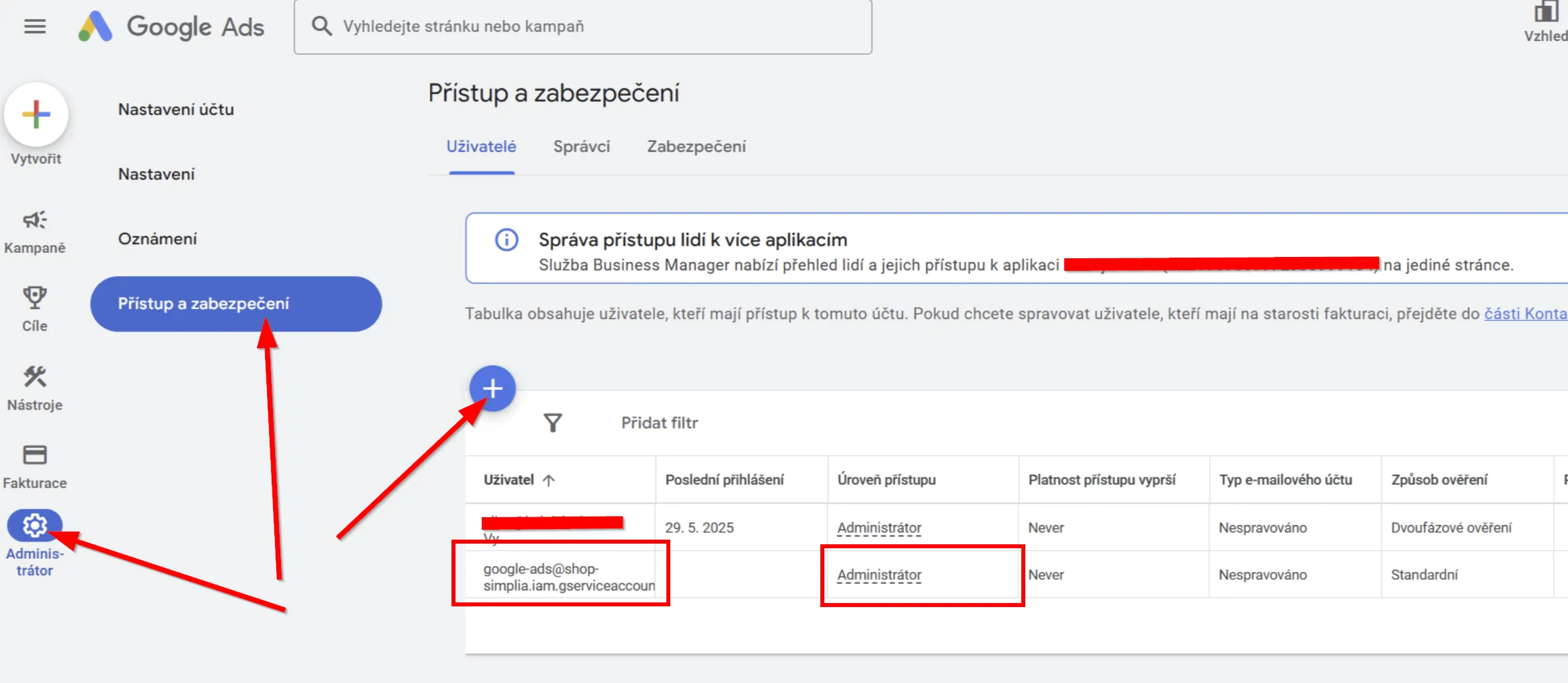 Přidání e-mailu servisního účtu jako administrátora v Google Ads