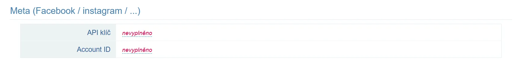 Pole API klíč a Account ID pro Meta v administraci e-shopu
