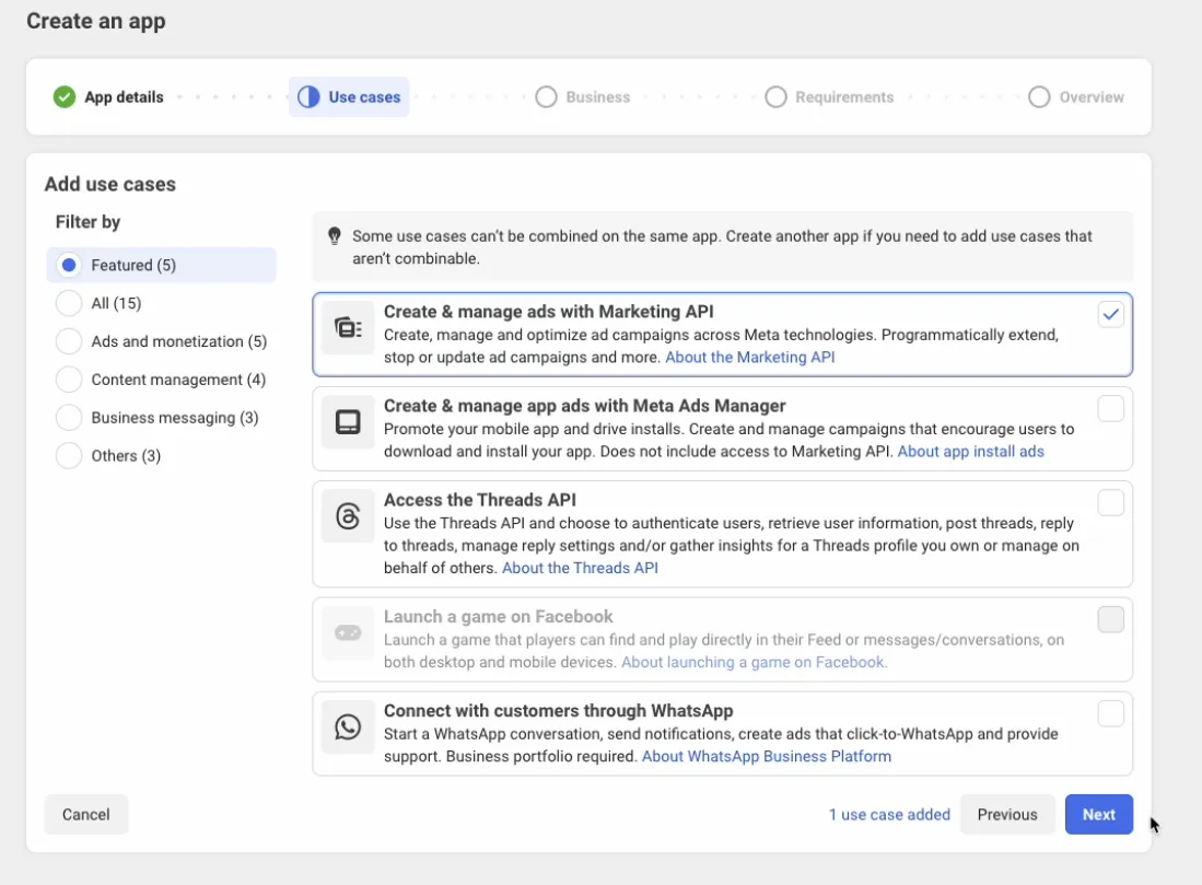 Výběr use case Create & manage ads with Marketing API při vytváření aplikace