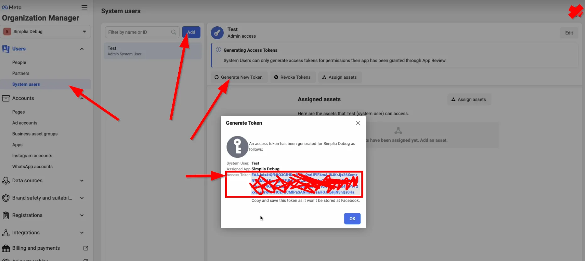 Vygenerovaný Access Token pro systémového uživatele v Business Manageru