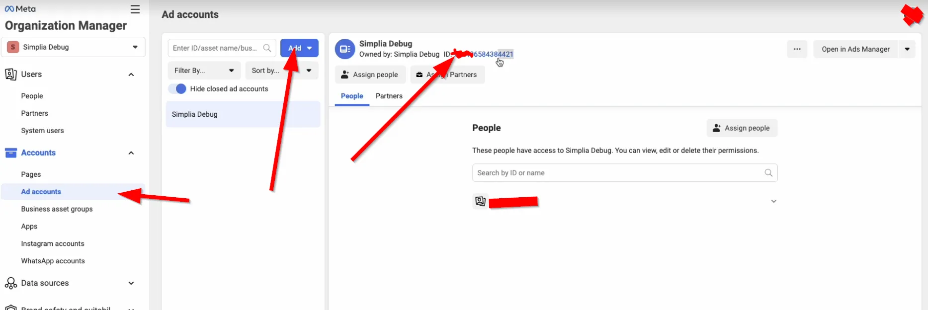 Ad account ID reklamního účtu v sekci Ad accounts Business Manageru