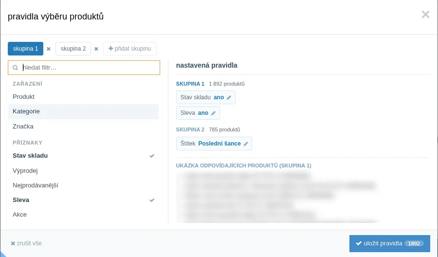 Dialog pro správu pravidel