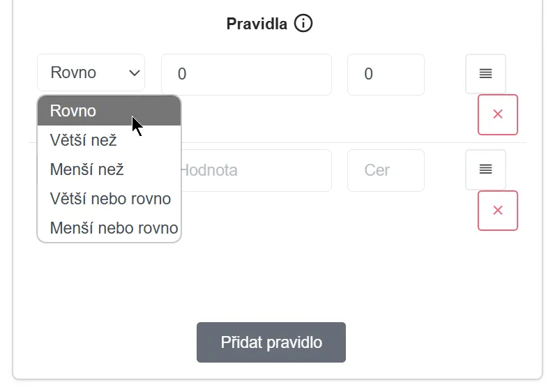 Výběr operátoru shody a tlačítko Přidat pravidlo v cenovém pravidle