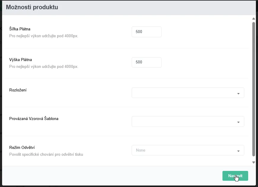 Dialog Možnosti produktu s nastavením šířky a výšky plátna