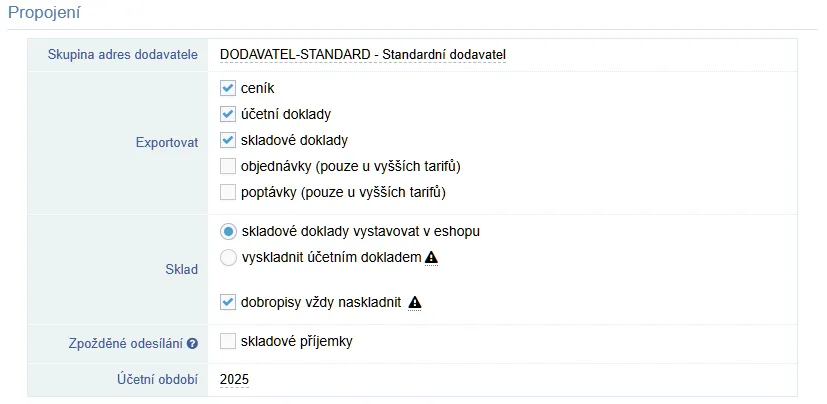 Nastavení sekce Propojení se skupinou dodavatele a exportovanými doklady