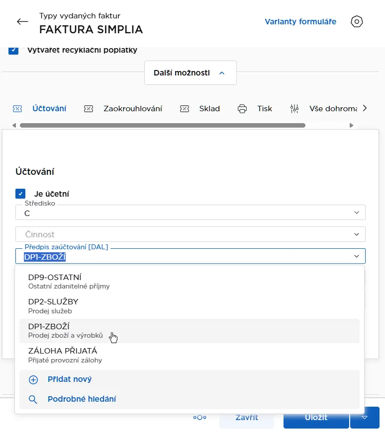 Nastavení předpisu zaúčtování u typu faktury v ABRA Flexi