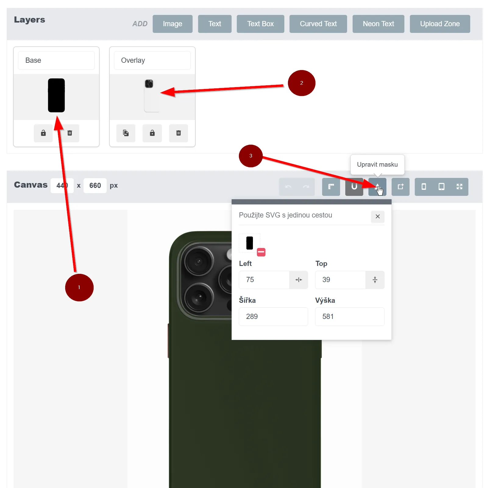 Nastavení podkladového obrázku, overlay vrstvy a SVG masky pro celý produkt