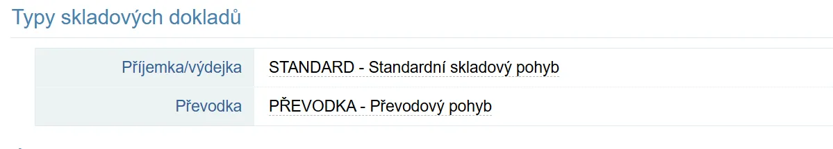 Doporučené nastavení sekce Typy skladových dokladů