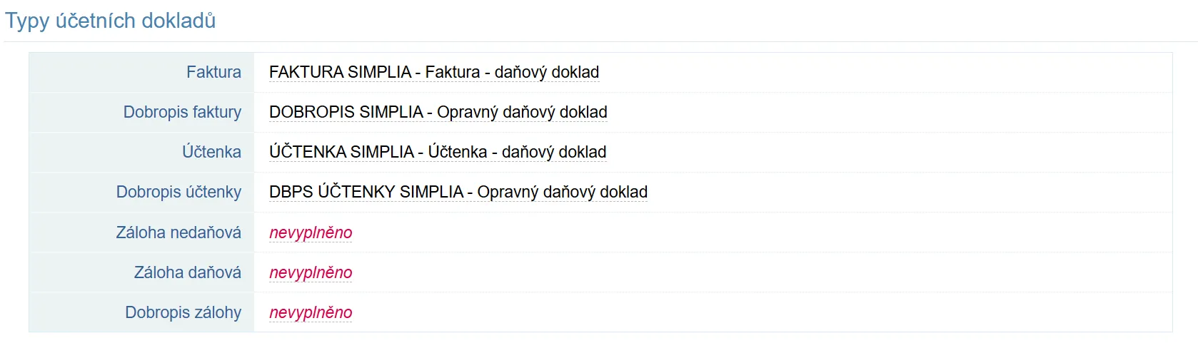 Vyplněné typy účetních dokladů včetně účtenky v administraci