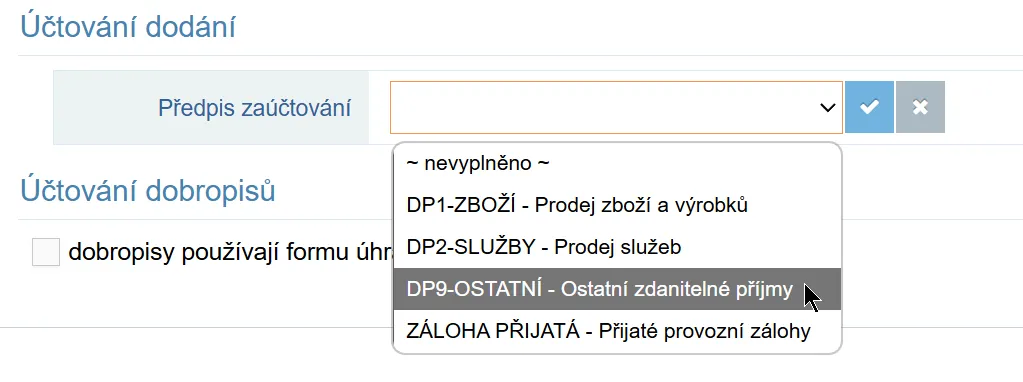 Výběr předpisu zaúčtování pro řádek dodání