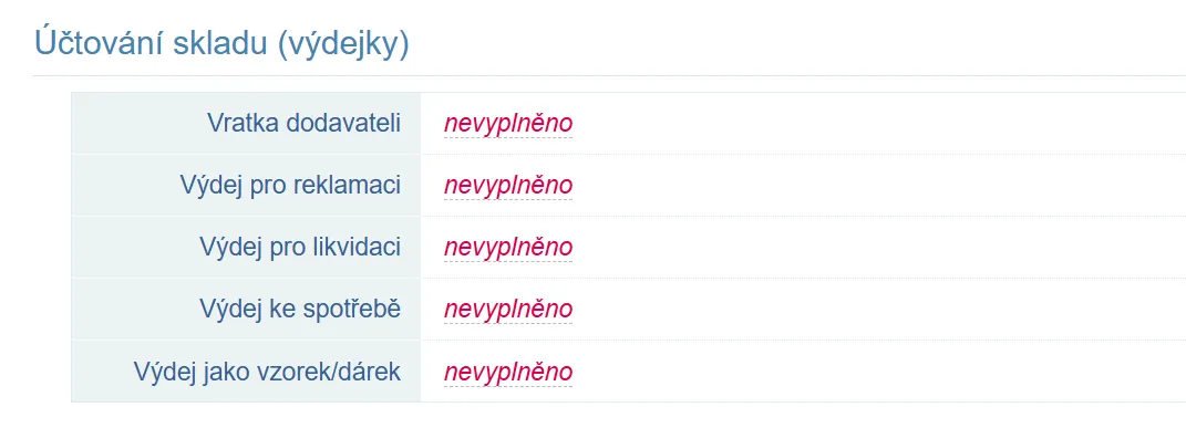 Nevyplněná pole sekce Účtování skladu (výdejky)